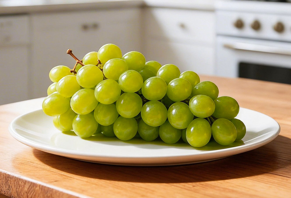 A fresh bunch of green grapes neatly placed on a white plate in a bright kitchen setting.