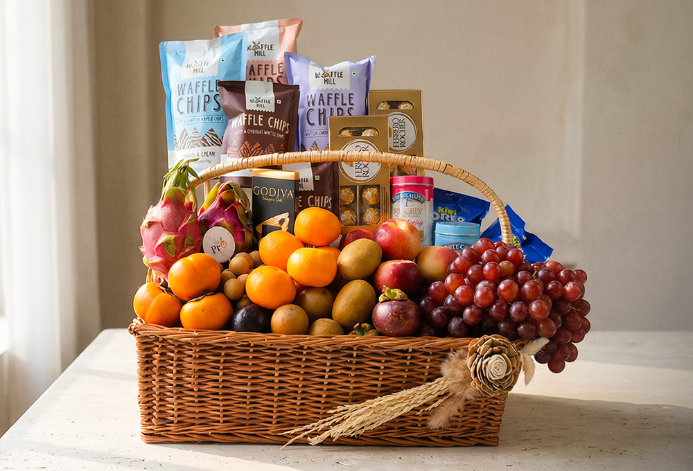 A premium wicker fruit hamper filled with fresh fruits like dragon fruit, mandarins, grapes, and kiwi, paired with gourmet snacks and chocolates for an elegant gift.
