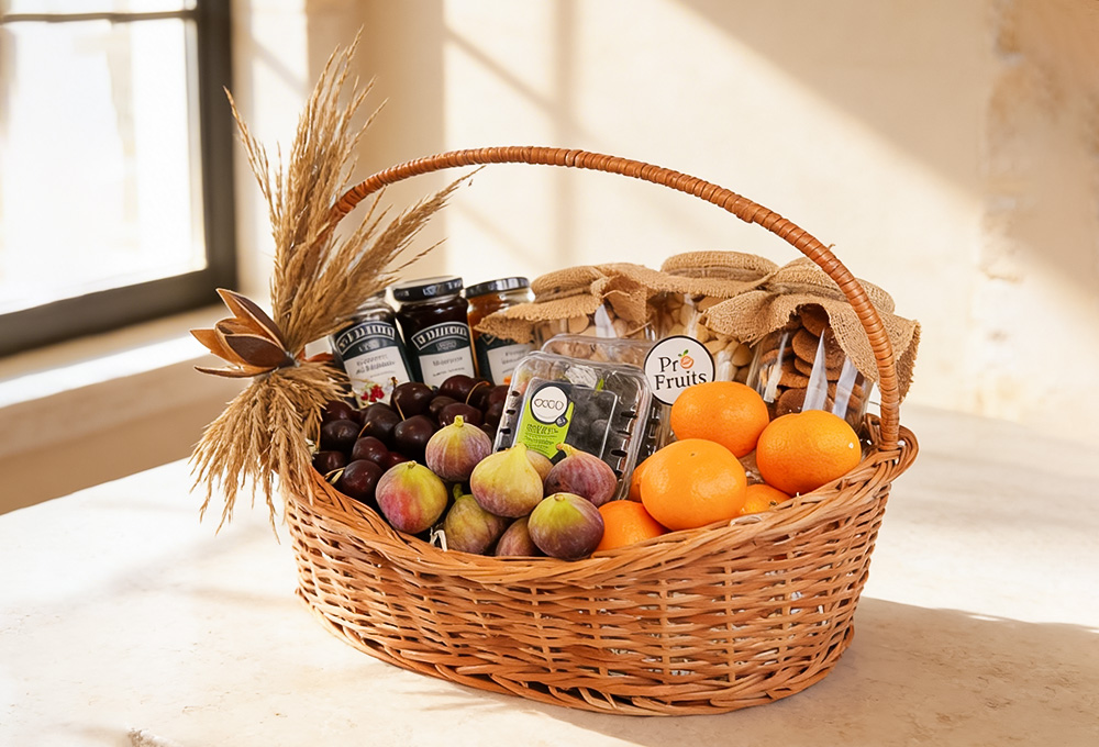 A beautifully arranged fruit hamper featuring fresh figs, grapes, oranges, berries, and jars of premium dry fruits and preserves in a rustic wicker basket.
