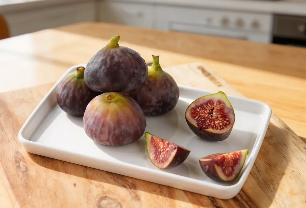 Whole and halved fresh figs revealing their rich ruby-red interior, arranged on a white tray atop a warm wooden kitchen surface.