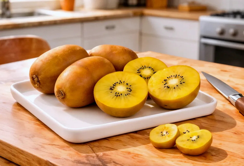 Fresh golden kiwis, whole and sliced, displayed on a tray in a bright kitchen setting.