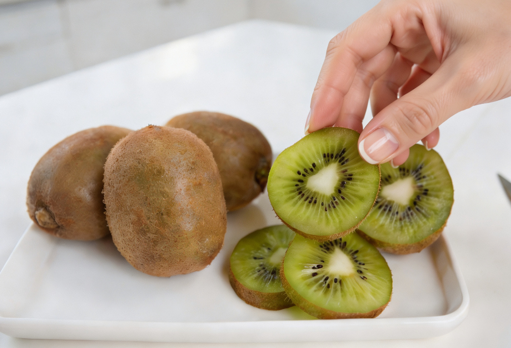 This image shows a hand holding a slice of kiwi, one of the best fruits for health, with other slices placed on a plate.