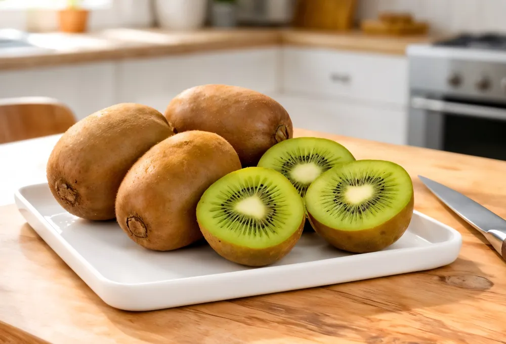 This image features fresh, ripe golden kiwis with their green, vibrant interior visible, placed on a white tray on a wooden kitchen counter, with a knife nearby.