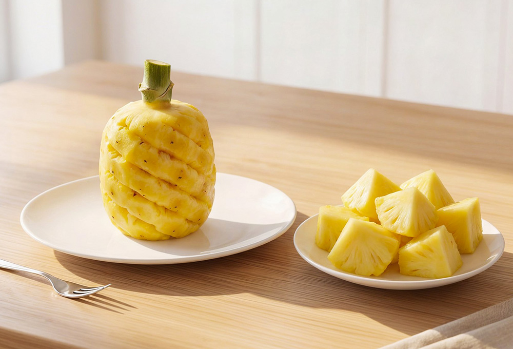 A peeled pineapple and fresh pineapple chunks are neatly arranged on plates on a wooden kitchen table in soft natural light. 
