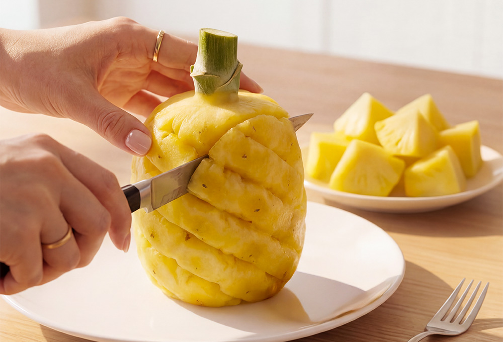 A person slicing a peeled pineapple on a white plate with fresh pineapple chunks in the background on a kitchen table. 
