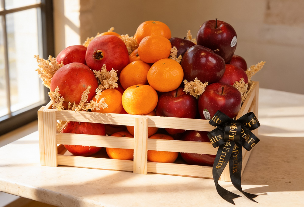 A premium wooden fruit box filled with fresh apples, mandarins, and pomegranates, beautifully arranged and tied with a decorative ribbon in warm natural sunlight.