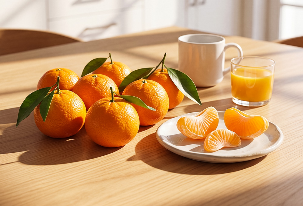 This image features fresh oranges with leaves, a plate of orange slices, and a glass of orange juice, creating a vibrant and refreshing breakfast setting.