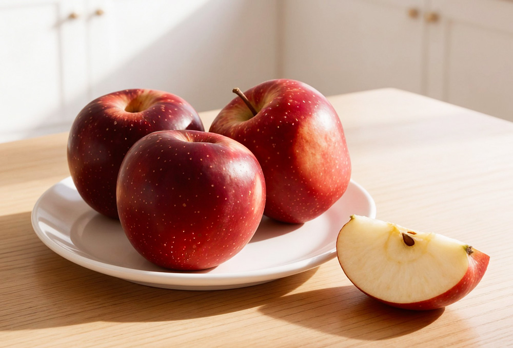 This image showcases fresh red apples on a plate, with one apple sliced to reveal its crisp, white interior.