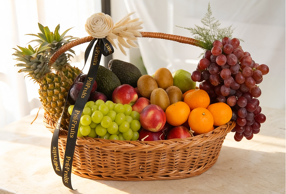 A stunning ProFruits wicker basket overflowing with fresh tropical and seasonal fruits — pineapple, grapes, kiwi, oranges, avocados, and nectarines — beautifully tied with an elegant branded black ribbon.
