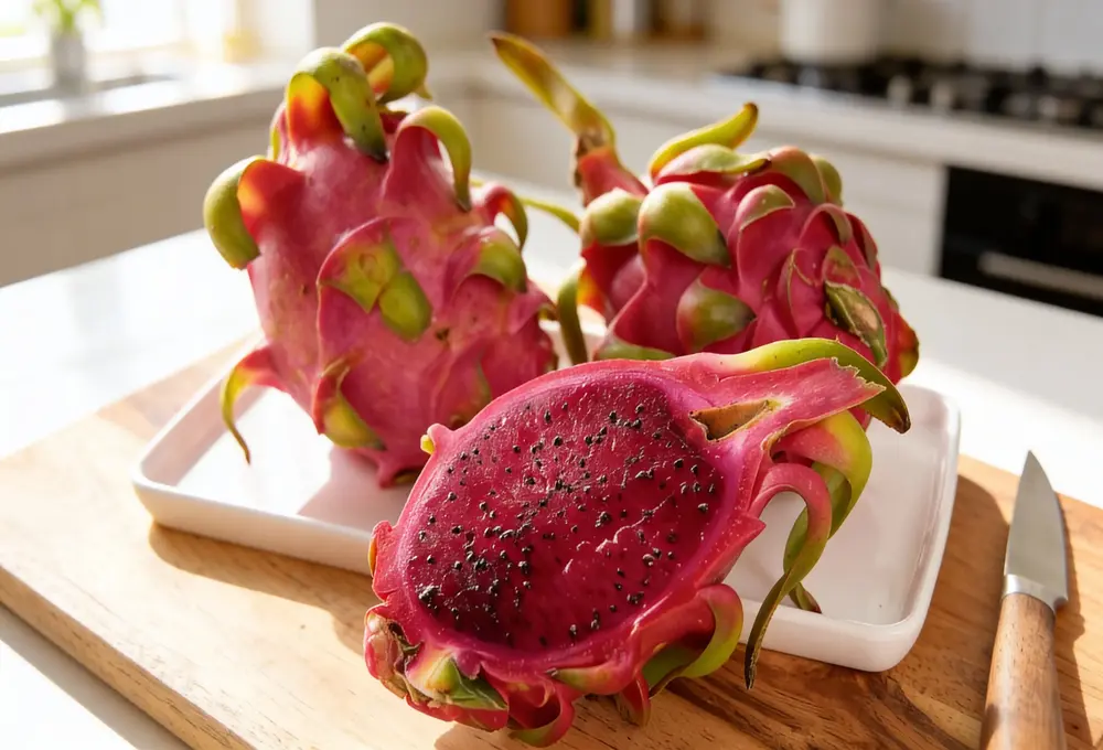 Fresh dragon fruits with vibrant pink flesh and black seeds, one cut open on a plate, placed on a kitchen counter in warm natural light.