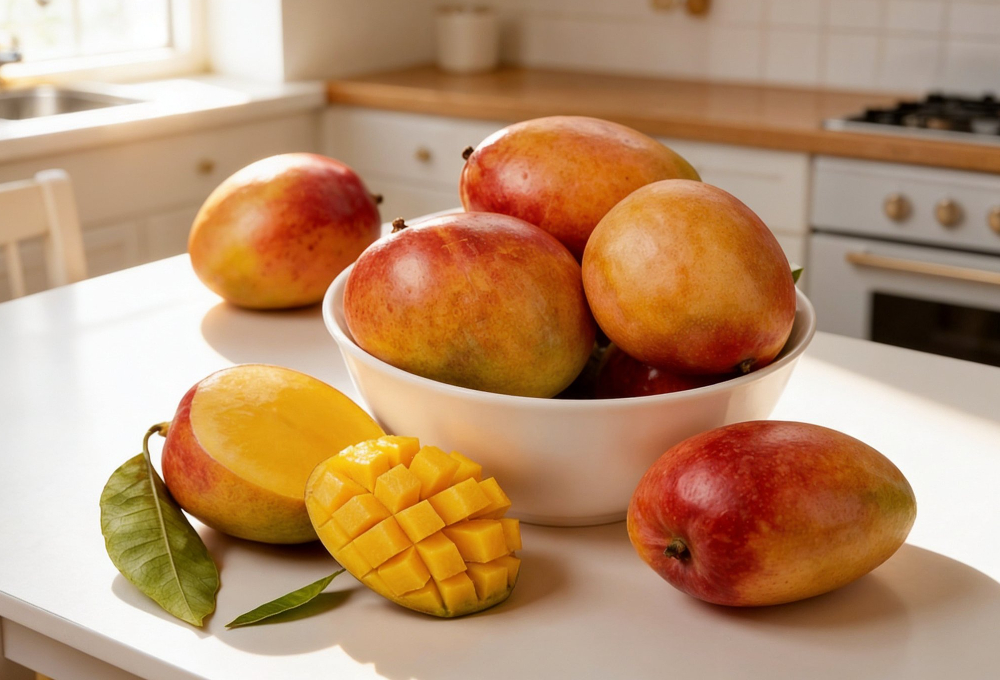 A bowl of fresh ripe mangoes sits on a kitchen counter, with one sliced open to reveal its juicy, vibrant flesh.