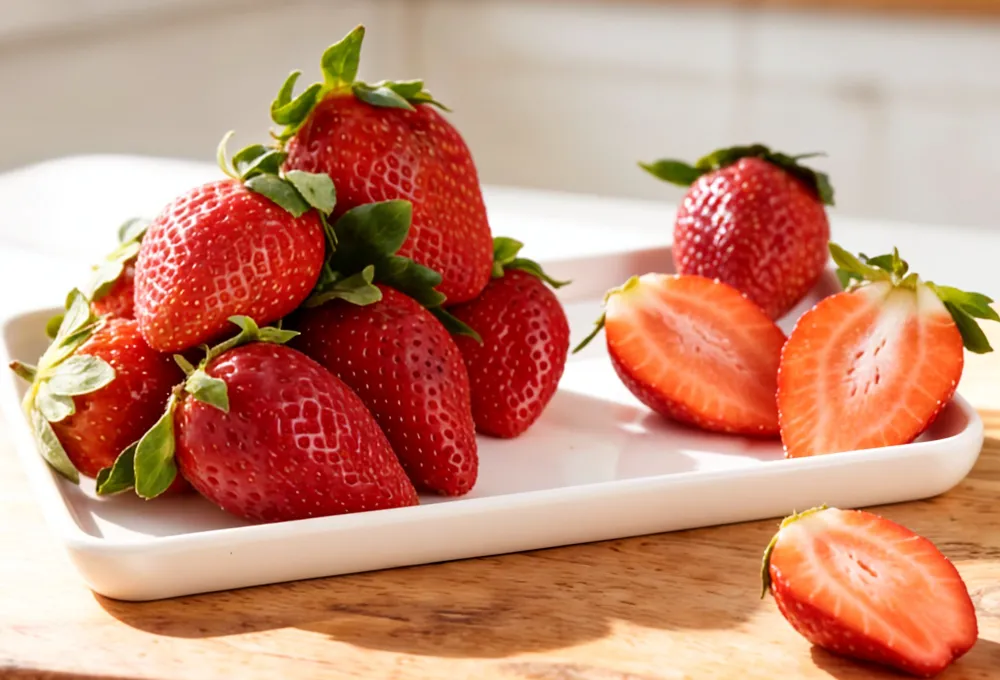 Fresh ripe strawberries, both whole and sliced, arranged on a white plate in a bright, modern kitchen setting. 
