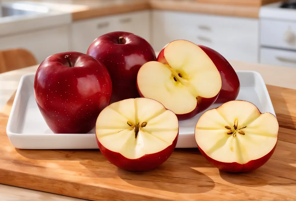 Fresh red apples, both whole and sliced, displayed on a white plate on a wooden board, highlighting their crisp texture and natural freshness.