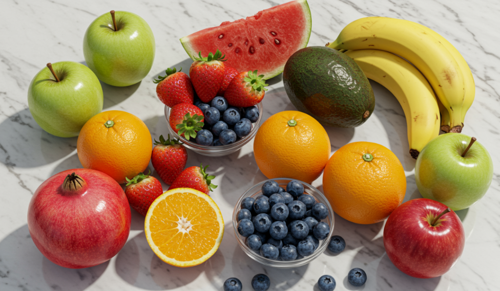 A vibrant assortment of fresh fruits including apples, bananas, berries, oranges, avocado, and watermelon arranged on a marble surface.