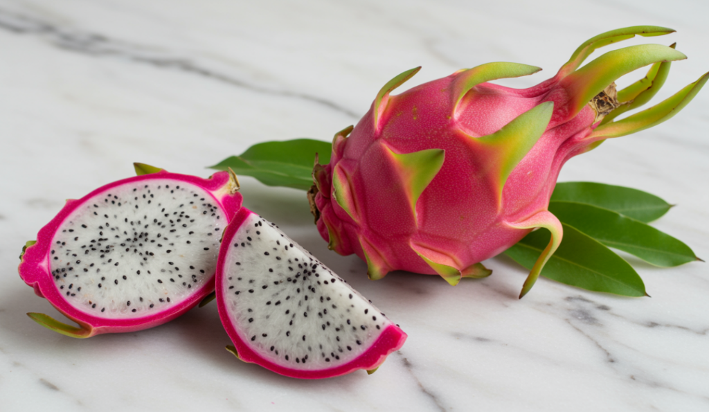 A fresh dragon fruit with vibrant pink skin and white seeded flesh is displayed whole and sliced on a marble surface.
