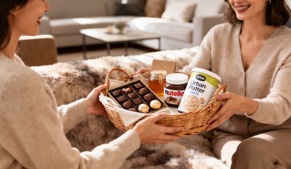 This image shows two women exchanging a beautifully arranged premium gourmet breakfast basket, featuring chocolates, Nutella, honey, and oats, in a cozy living room setting.
