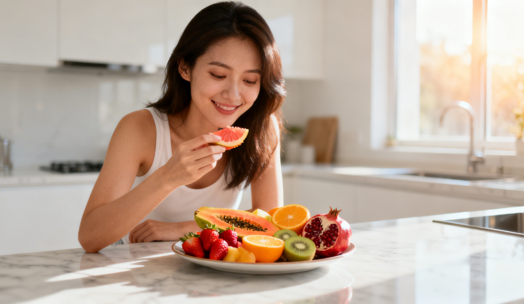 A woman enjoys a fresh fruit plate in a sunlit kitchen, highlighting a healthy and glowing lifestyle.