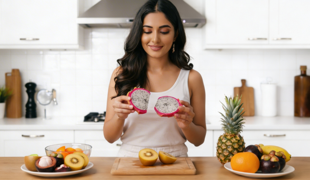 A woman in a modern kitchen is smiling while holding a freshly cut dragon fruit, surrounded by a variety of fresh exotic fruits.