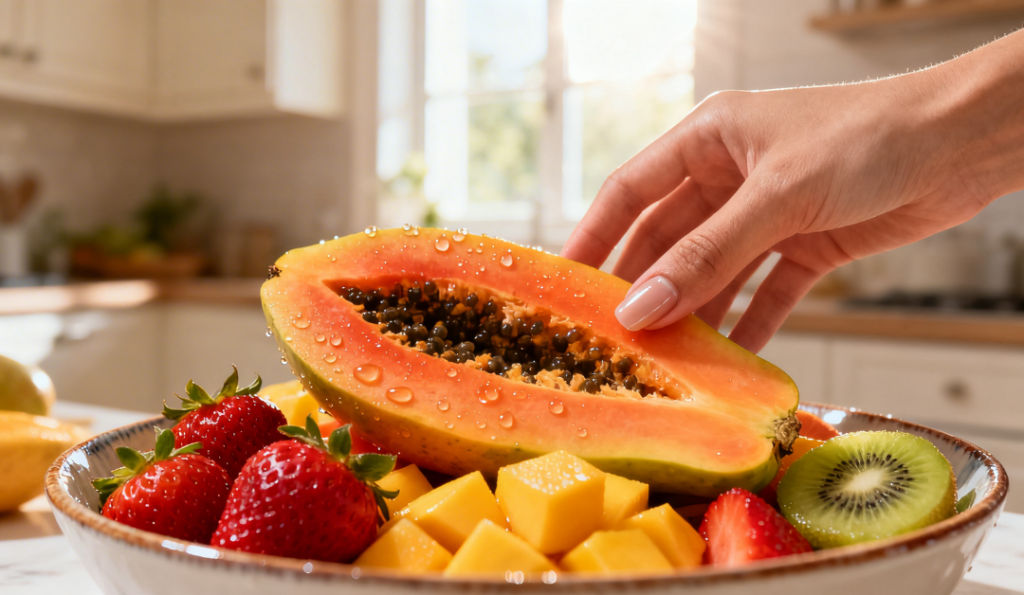 A hand is placing a fresh, juicy papaya into a vibrant bowl of mixed fruits, highlighting a healthy and refreshing snack