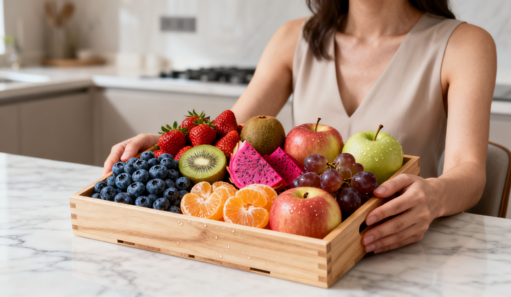 A woman holding a premium wooden fruit box filled with fresh blueberries, strawberries, kiwi, dragon fruit, apples, grapes, and mandarins on a marble kitchen counter.