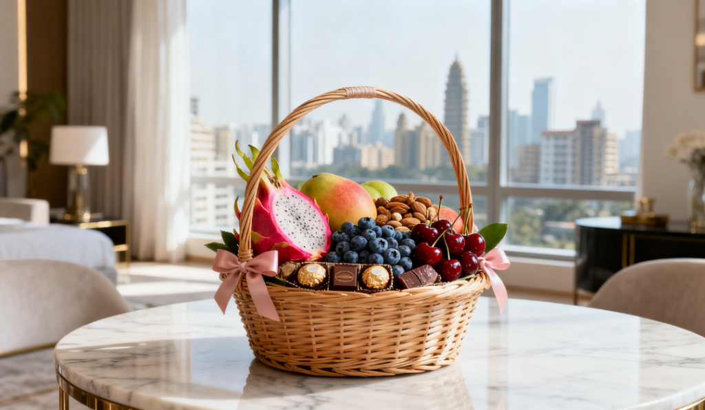 A luxury fruit hamper filled with exotic fruits, chocolates, and nuts displayed on a marble table with a stunning city skyline view in the background.