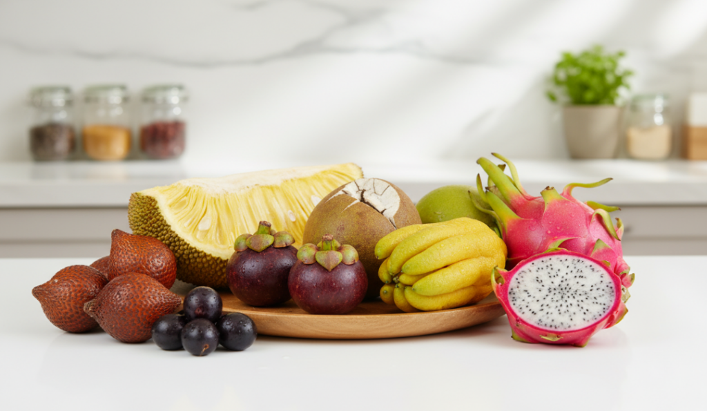 The image displays a variety of exotic fruits including jackfruit, mangosteen, rambutan, dragon fruit, and bananas, arranged on a wooden plate on a white kitchen countertop with natural light.