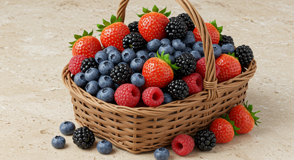 A wicker basket filled with fresh mixed berries including strawberries, blueberries, raspberries, and blackberries—fruits good for the heart—arranged on a neutral surface.