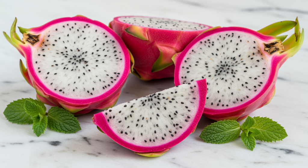 Fresh white-fleshed dragon fruit slices with black seeds, arranged on a marble surface with mint leaves for a clean, refreshing presentation.