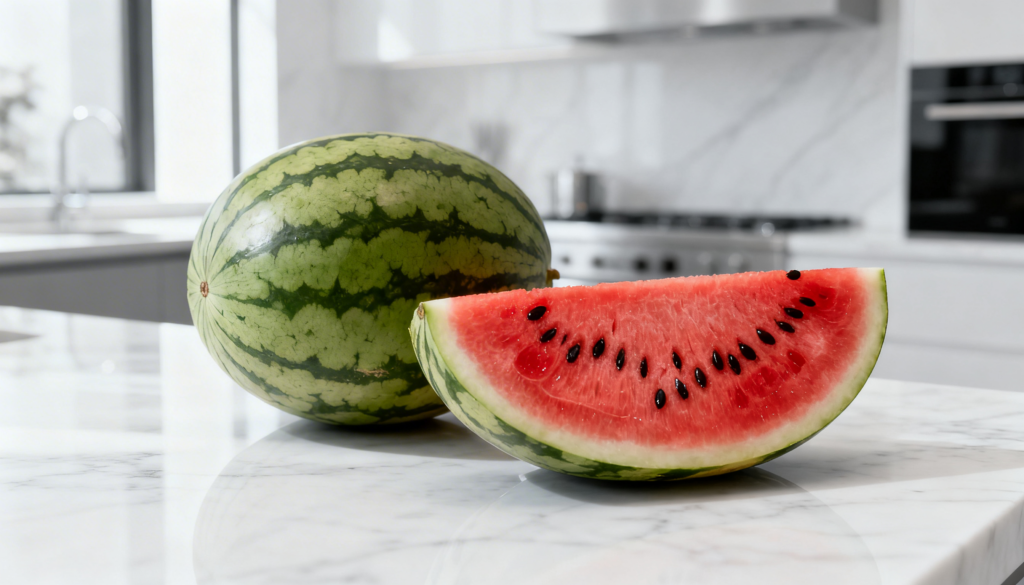 A whole watermelon and a freshly sliced wedge with juicy red flesh are placed on a white marble kitchen countertop.