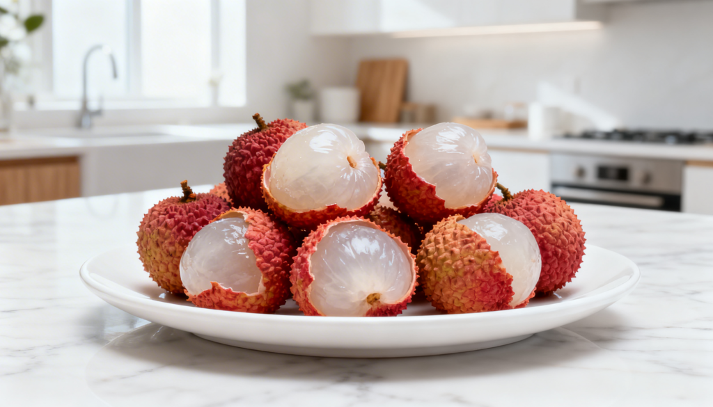 Fresh lychee fruits, both whole and peeled, arranged on a white plate in a bright modern kitchen setting. 
