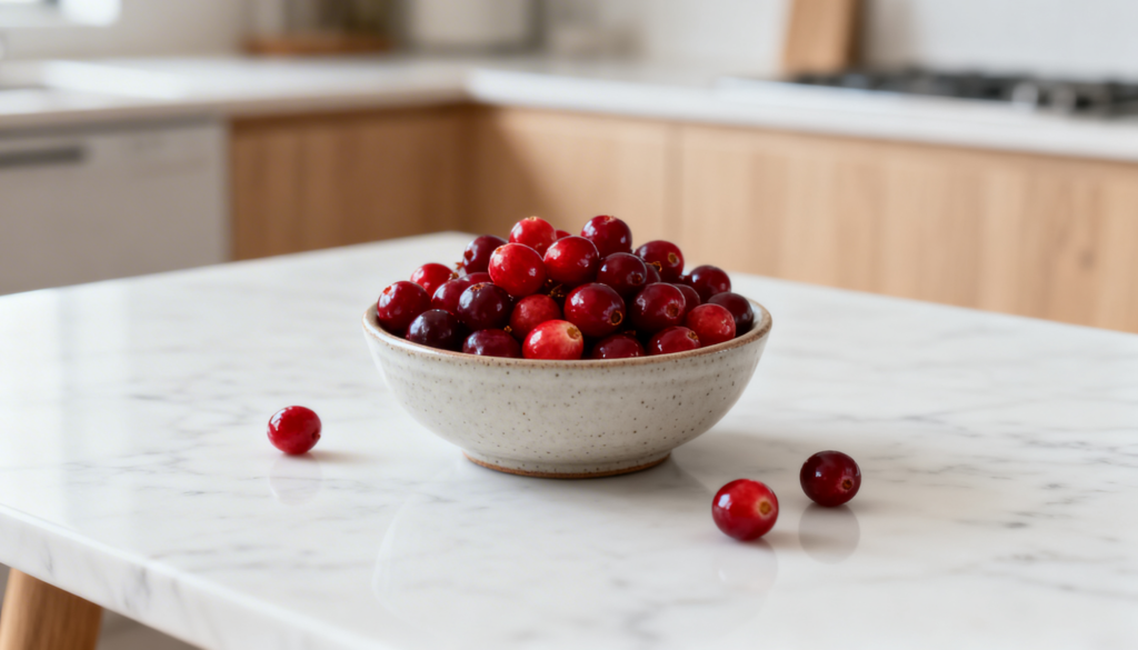 A bowl filled with fresh red cranberries sits on a marble kitchen table with a few berries scattered around in a bright modern kitchen. 
