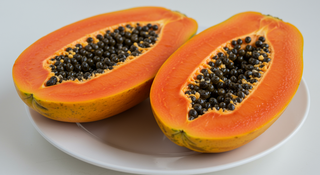 This image shows a halved papaya with its vibrant orange flesh and black seeds, placed on a white plate.

