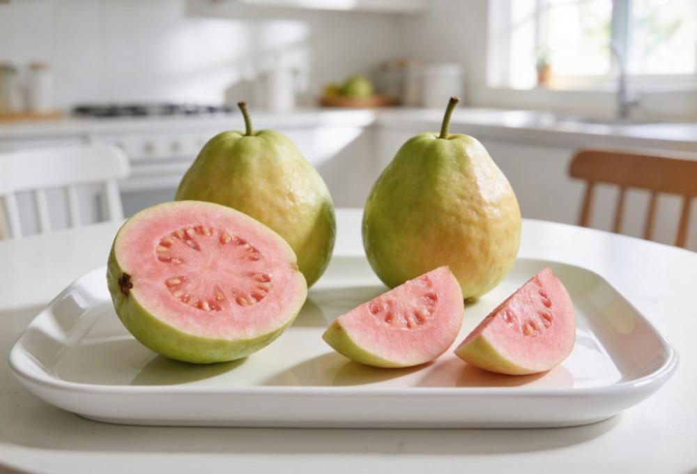 Fresh guavas, both whole and sliced, displayed on a white plate, revealing their pink interior and juicy texture in a bright kitchen setting.