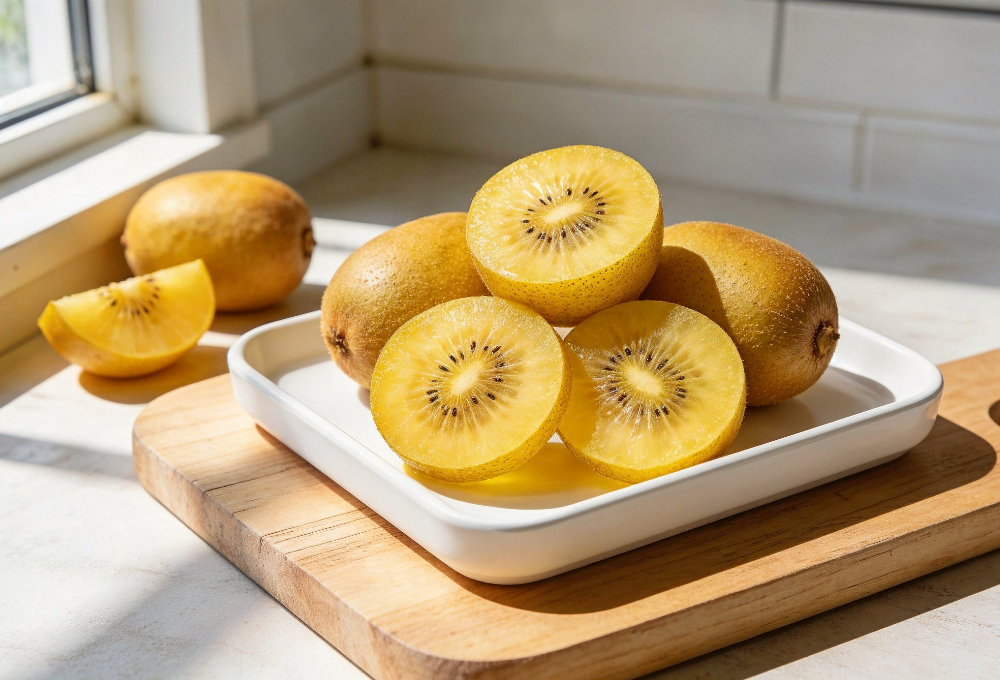 Sliced golden kiwi fruits with vibrant yellow flesh displayed on a white tray over a wooden board in bright natural sunlight.