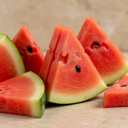 Juicy red watermelon slices with visible seeds are arranged to showcase their fresh, refreshing texture.