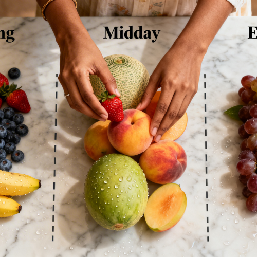 A beautifully arranged flat lay maps out the right fruits for each time of day, making it easy to visualise and follow a balanced fruit diet plan from morning through evening.