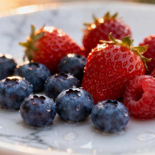 A vibrant mix of fresh strawberries, blueberries, and a raspberry glistens with water droplets, highlighting their juicy, refreshing appeal.