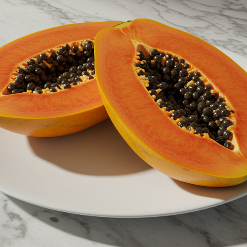 A ripe papaya cut in half reveals its vibrant orange flesh filled with glossy black seeds, showcasing its fresh and nutritious appeal.