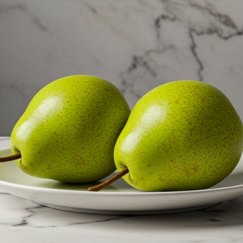 Two fresh green pears rest on a plate, showcasing a simple and nutritious choice among the best fruits for weight loss.