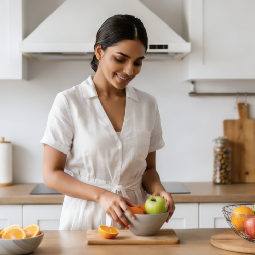 A cheerful woman prepares fresh fruits in a bright, modern kitchen, embracing a healthy and mindful eating routine.