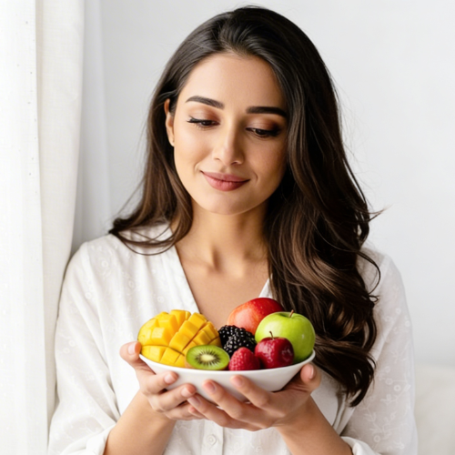 A young woman smiles contentedly as she holds a vibrant bowl of fresh mixed fruits, radiating health and wholesome wellbeing.