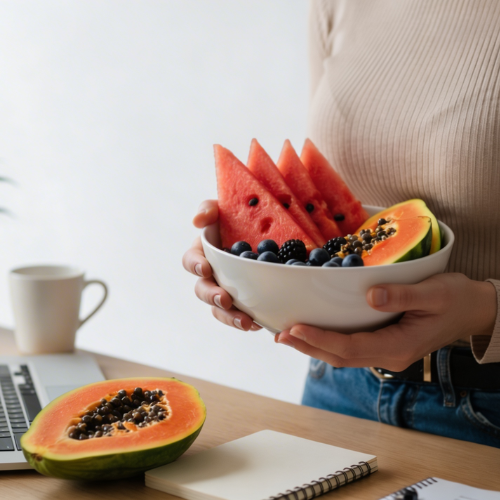 A woman holds a generous bowl of watermelon, papaya, and blueberries at her desk, making healthy eating a natural part of her everyday routine.