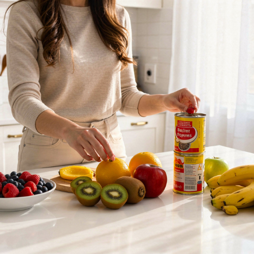 A woman arranges a colourful spread of fresh fruits on a bright kitchen counter, blending whole food ingredients with pantry staples for a balanced meal prep.