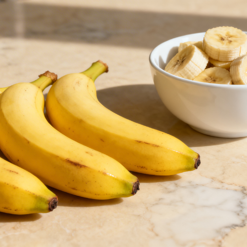 Fresh ripe bananas rest beside a bowl of neatly sliced banana pieces, highlighting a simple, healthy snack.