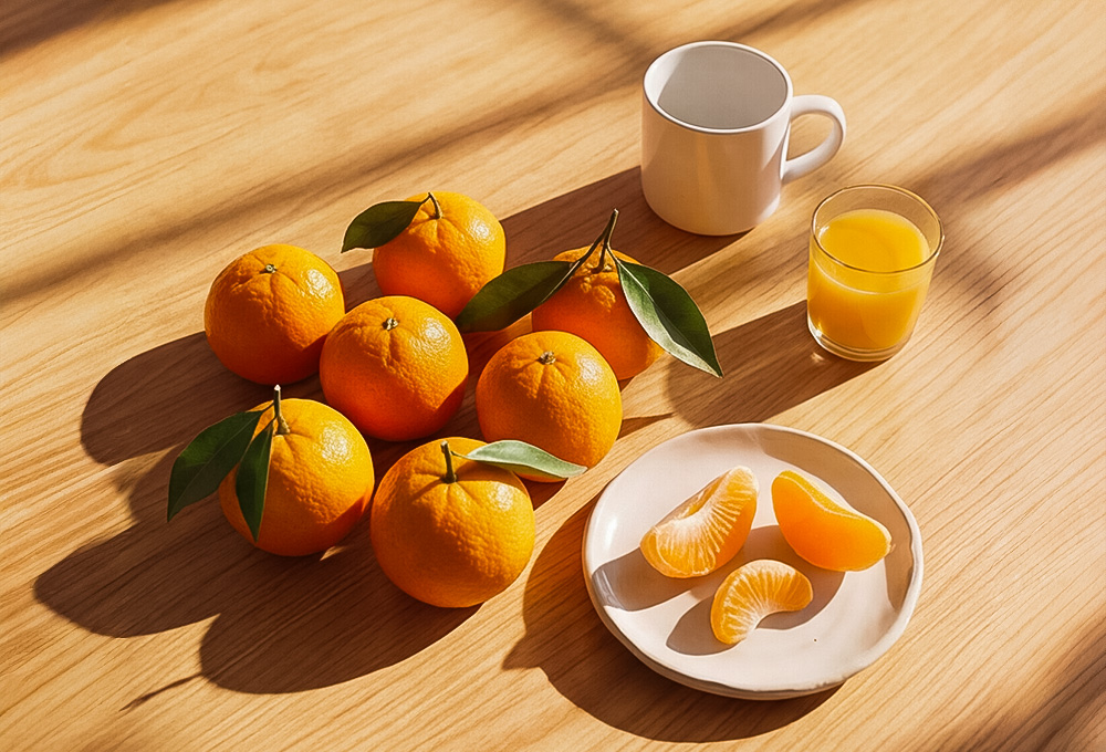 Fresh whole oranges with leaves, sliced segments on a plate, and a glass of juice are arranged in warm sunlight, creating a vibrant and refreshing scene.