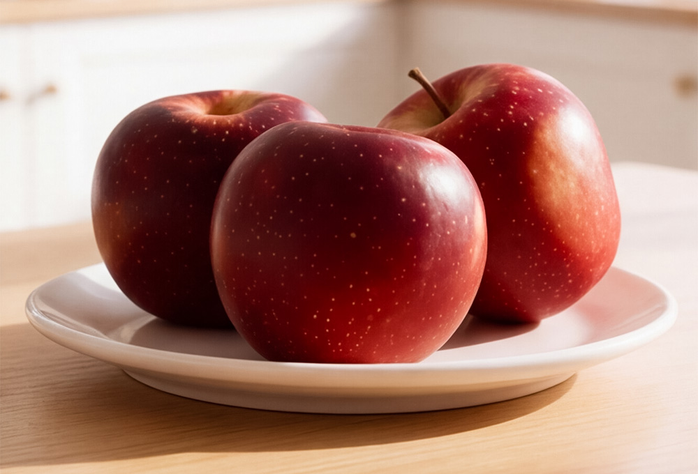 Three fresh red apples placed on a white plate, softly lit in a warm, minimal setting.