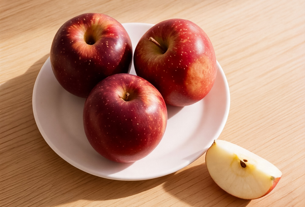 Three fresh red apples sit on a white plate with a sliced piece beside them, showcasing their crisp, juicy interior.