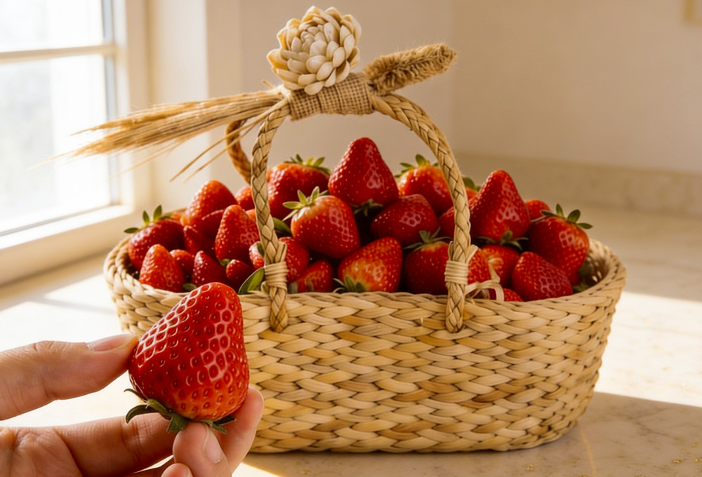 A basket full of fresh strawberries with one held in hand, highlighting fruits to increase hemoglobin naturally.
