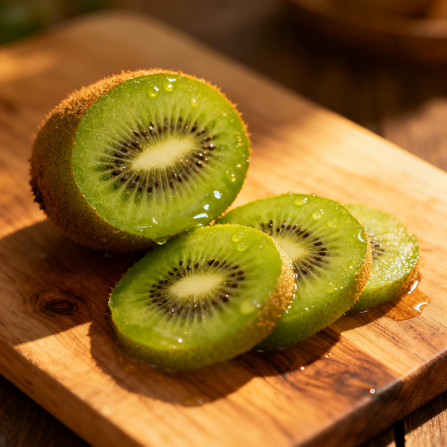 A freshly cut kiwi with vibrant green slices glistening on a wooden board in warm light.
