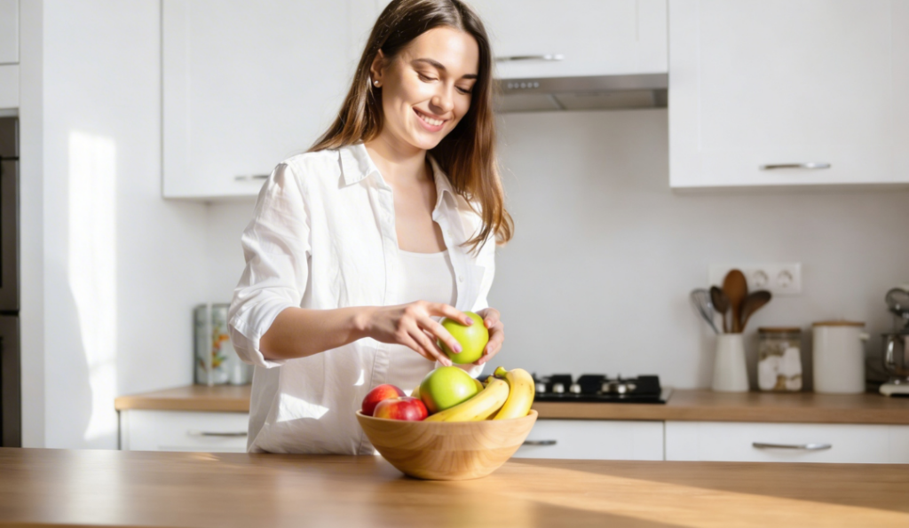 A woman happily arranging fresh fruits in a bowl in a bright, cozy kitchen.